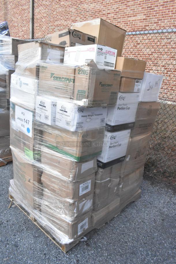 Pallet of 38 new scratch and dent items including take-out containers, knives, T-shirt bags, and napkins, wrapped in plastic.