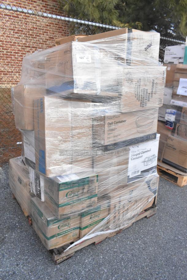 Pallet of 26 new scratch and dent items including napkins, cups, gloves. Wrapped in plastic. Various brands visible.