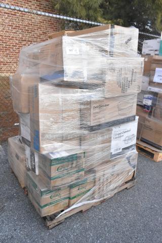 Pallet of 26 new scratch and dent items including napkins, cups, gloves. Wrapped in plastic. Various brands visible.