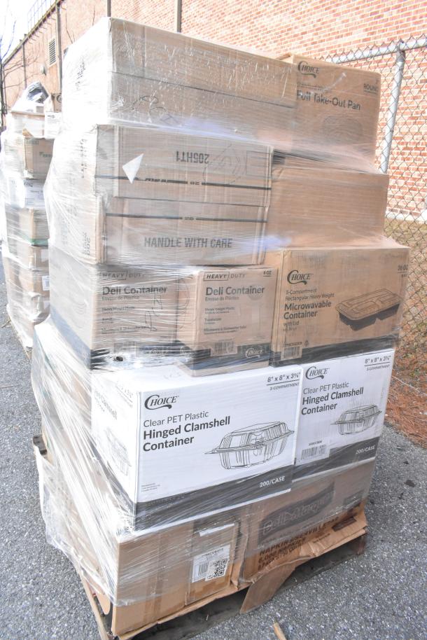 Pallet of assorted new scratch and dent items, including Choice containers and deli items, wrapped in plastic film.