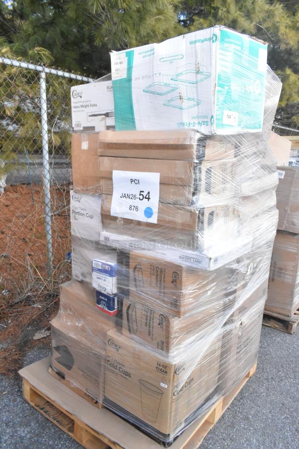 Pallet of brand new scratch and dent items, including napkins, food cups, forks, trash bags, wrapped in plastic.