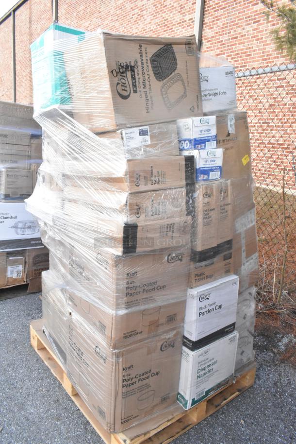 Pallet of 35 new scratch and dent cartons including napkins, food cups, forks, and trash bags. Multiple brands visible.