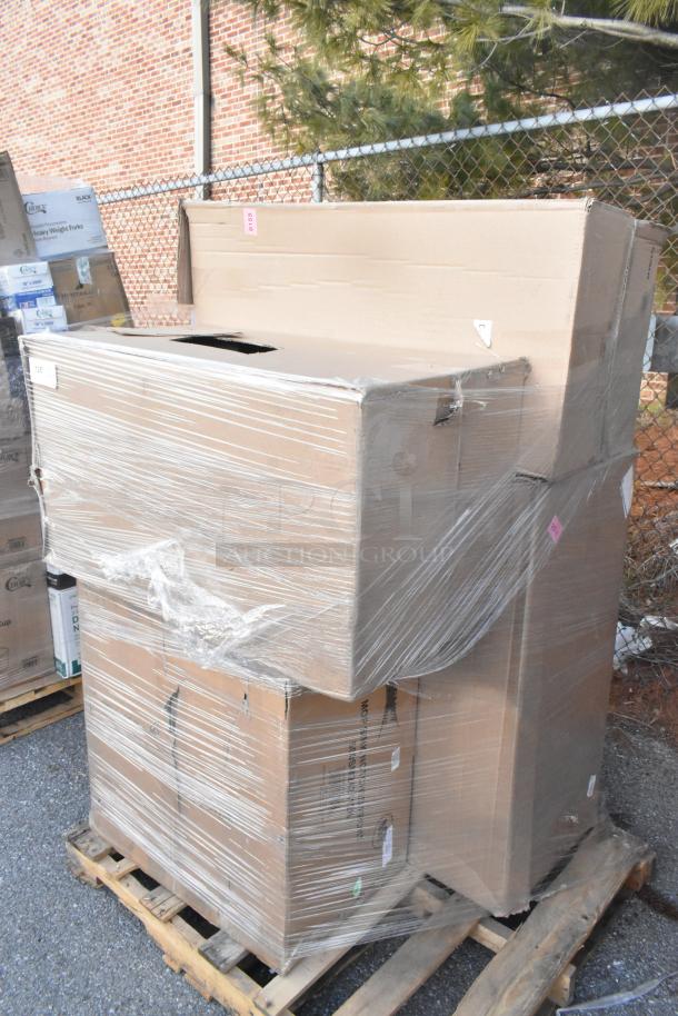 Pallet with four boxed items including side stools and mop sink, shrink-wrapped, new, scratch, and dent category.