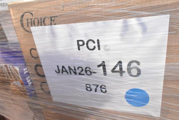 Pallet wrapped with assorted scratch and dent items, includes trash bags, lids, containers. Labeled "PCI JAN26-146".