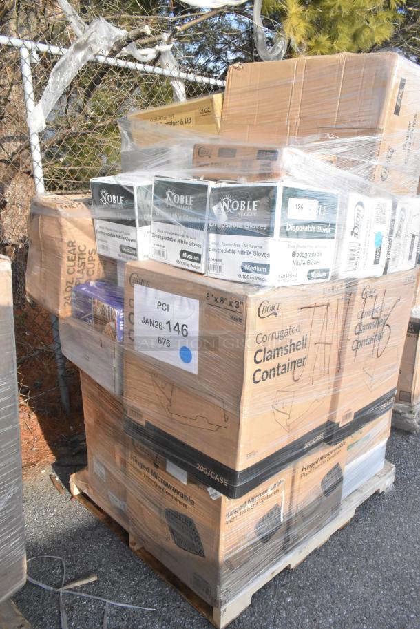 Pallet of assorted brand new scratch and dent items including Noble nitrile gloves, Clamshell containers, and plastic cups.