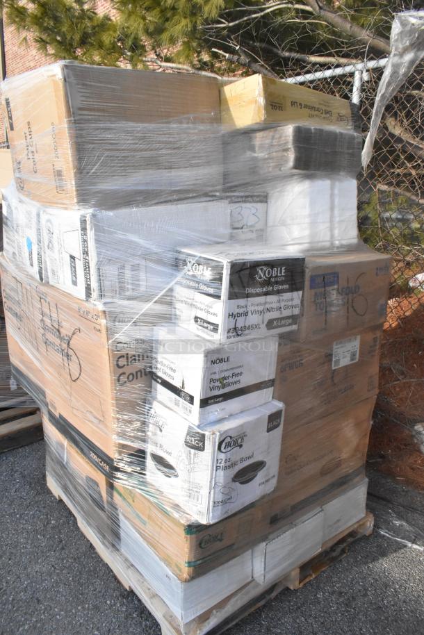 Paletted stack of 31 brand new scratch and dent items, including trash bags, lids, containers, and hot cups, wrapped in plastic.