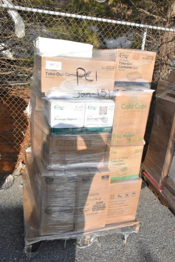 Pallet of brand new take-out containers, beverage napkins, cold cups, t-shirt bags, and toilet paper. Labeled "JAN26-151".