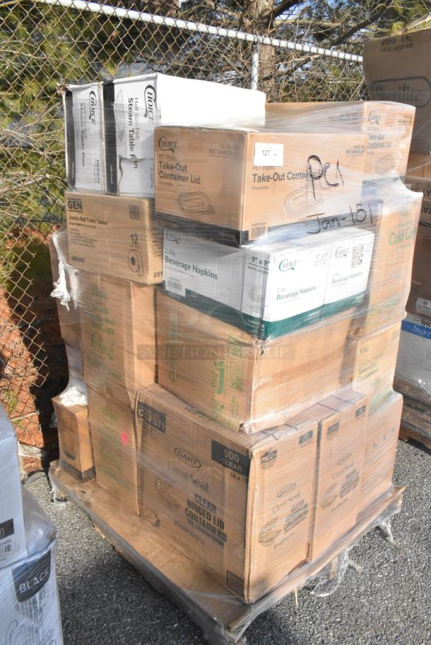 Pallet of brand new scratch and dent items including T-shirt bags, cups, containers, and toilet paper, marked "Jan26-151."