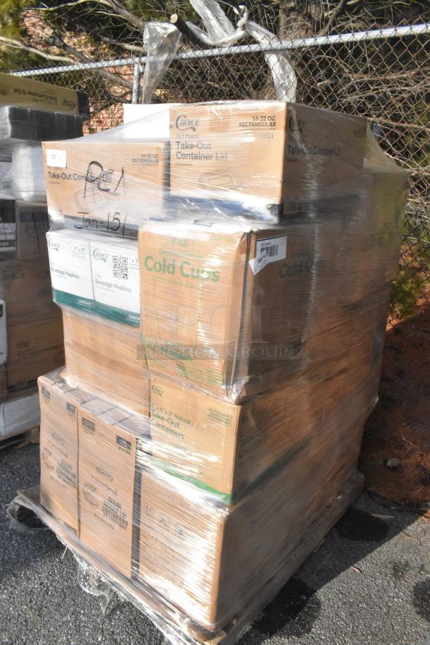 Pallet of 27 scratch and dent items including Choice T-shirt bags, cold cups, take-out containers, and more.