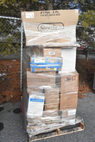 Palette with boxes labeled Sterilite and Imperial, wrapped in plastic. Contains 26 new scratch and dent items including bowls and glasses.