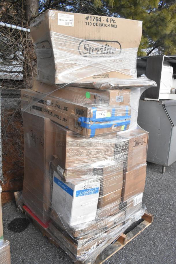 Pallet with 26 new scratch-and-dent items including Sterilite boxes and Imperial packaging, wrapped in plastic.