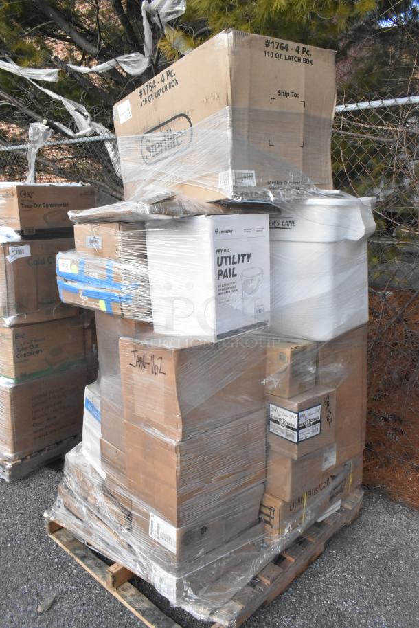 Pallet with 26 brand new scratch and dent items, including Sterilite boxes and utility pails, wrapped in plastic. Marked "JAN26-162".