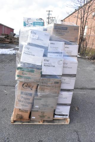 Pallet with various boxes of Choice and Noble brand items, including paper hot cups, plastic portion cups, and nitrile gloves. New condition.