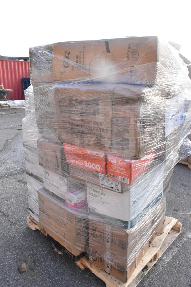 Pallet of brand new scratch and dent items including bags, gloves, and cold cups in original boxes, wrapped in plastic.