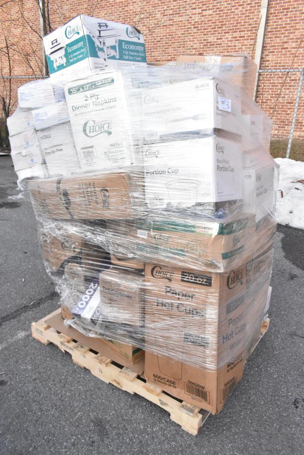 Pallet of 45 new scratch and dent items, including boxed bags, gloves, and cold cups, wrapped in plastic for auction.