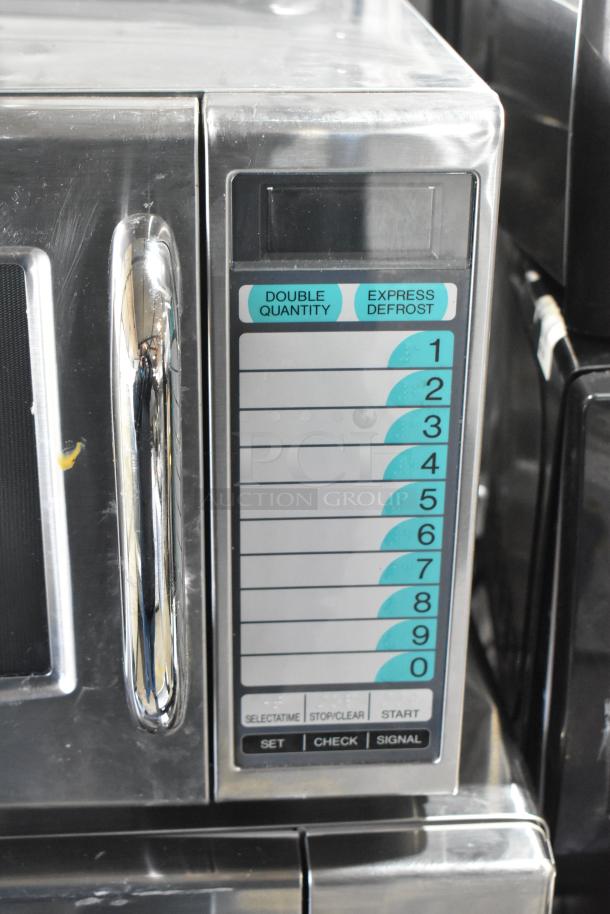 2021 Sharp R-21LVF Commercial Microwave, 120V, keypad controls, silver exterior, clean condition, model label visible.
