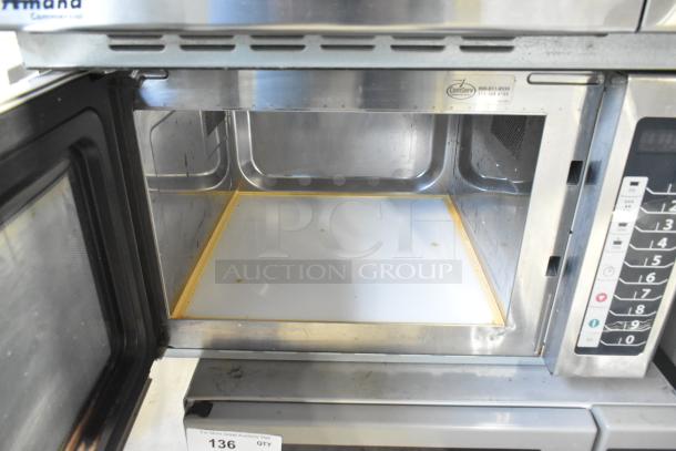 2021 Amana RCS10TS commercial microwave oven, clean interior, 120V, 1 phase, keypad controls, stainless steel finish.