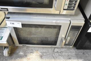 Amana Commercial Countertop Microwave Oven, 120V, 1 Phase, keypad controls, model ACP. Signs of use visible. Auction tag 136.