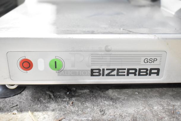 Bizerba GSP H Commercial Meat Slicer, 120V, 1 Phase, silver, with on/off buttons. Model label visible.