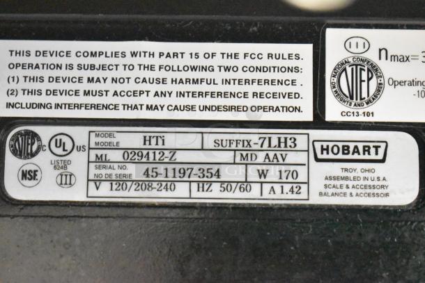 2019 Hobart HTi-7LH3 Commercial Countertop Scale, model HTi-7LH3. Voltage: 120/208-240V. Tested, working condition.