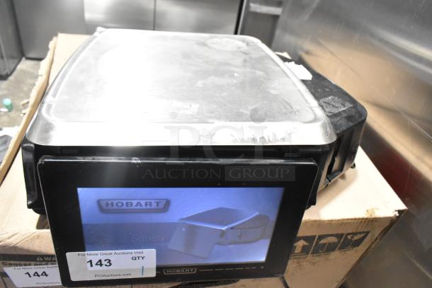 2017 Hobart HTi-7LH26 commercial countertop scale, tested and working, 120/208-240V, shows wear, screen with Hobart logo.