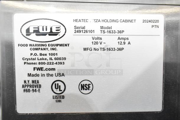 2024 FWE TS-1633-36P Commercial Heated Holding Cabinet tag, 120V, 12.9A, serial 249126101, made in USA, UL listed.