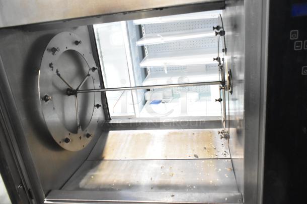 Fri-jado TDR7-P electric rotisserie oven, floor style, commercial casters, shows broken glass, 208V, 3-phase.
