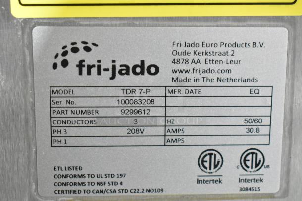 Fri-jado TDR7-P rotisserie oven, electric powered, 208V, 3 phase, on casters. Includes label with model and electrical specs.