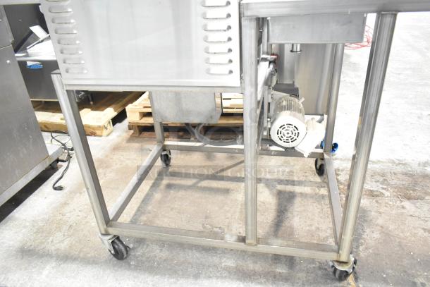 Belshaw Adamatic TG-50 stainless steel thermoglazing station on casters, 208V, 1 phase, visible motor and control panel.