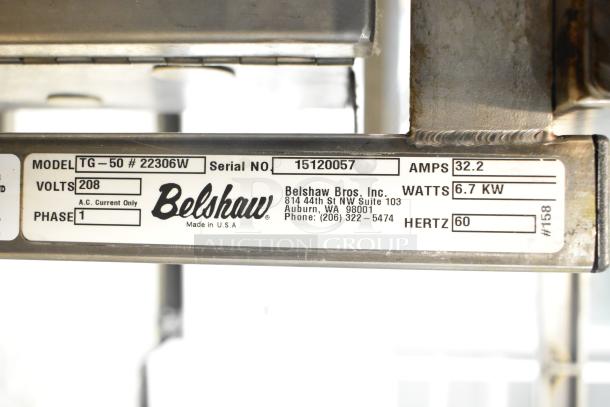 Belshaw Adamatic TG-50 Thermoglazing Station label; 208V, 1 Phase, Serial No. 15120057, 6.7 KW, made in USA.