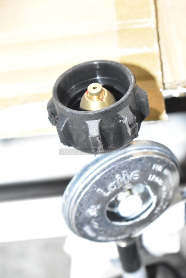 2024 Backyard Pro 554LPG36 36" stainless steel liquid propane grill, new with scratches and dents, connector detail shown.