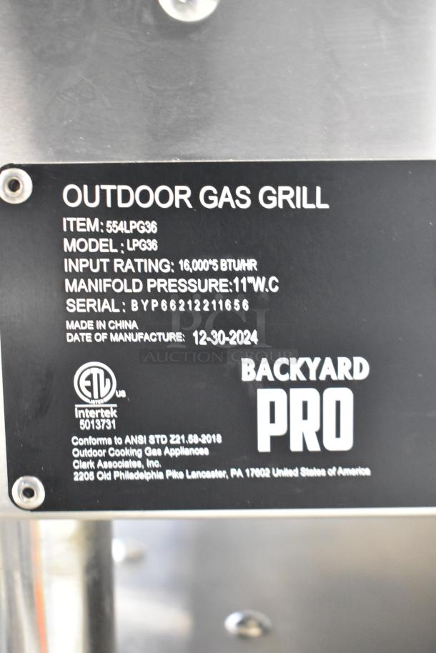 Stainless steel Backyard Pro 554LPG36 outdoor grill label, 36", liquid propane, 16,000 BTU/hr, made in China, ETL certified.