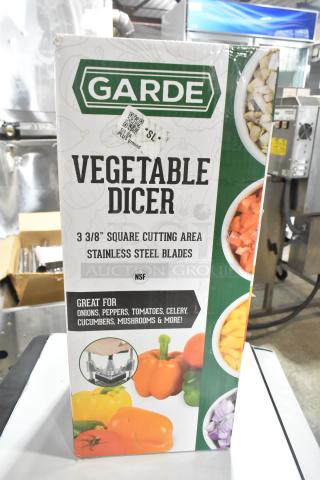 Brand new Garde DC1 heavy-duty vegetable dicer, 1" cut, scratch and dent condition, stainless steel blades, ideal for various vegetables.