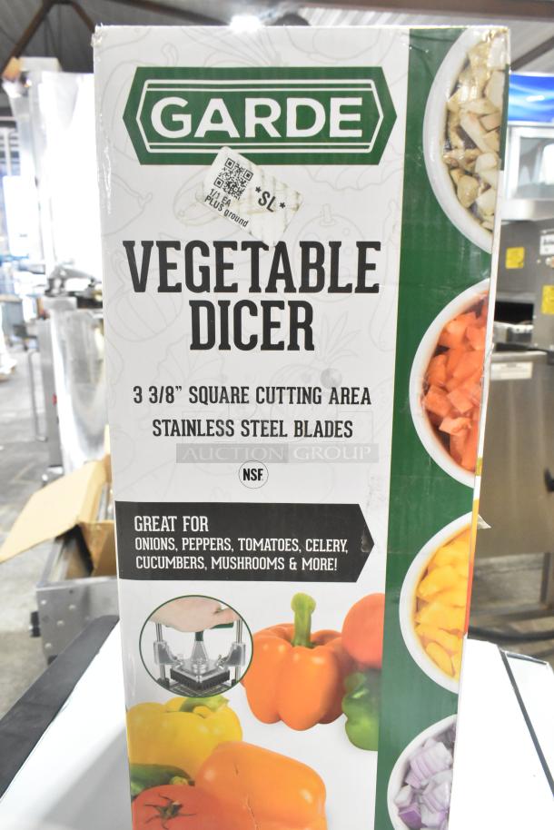 Brand new Garde DC1 1" heavy-duty vegetable dicer, scratch and dent condition, 3 3/8" square cutting area, stainless steel blades.