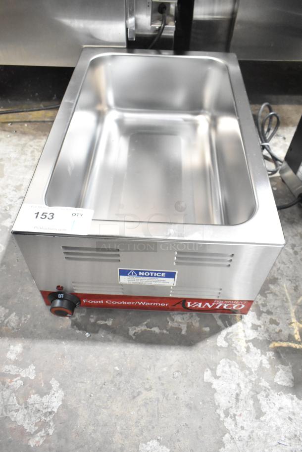 Brand new Avantco 177W50CKR 12"x20" electric food warmer, stainless steel, 120 volts, 1-phase, slight scratches visible.