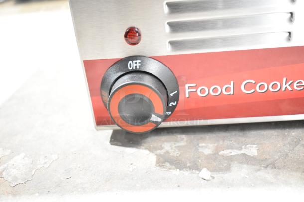 Brand new Avantco 177W50CKR electric countertop food warmer, 120V, 1 phase. Features control knob and "Food Cooker" label.