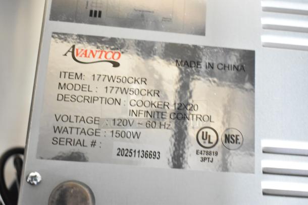 2025 Avantco 177W50CKR Electric Food Warmer, model plate shown. Voltage: 120V, 1500W, UL/NSF certified, made in China.