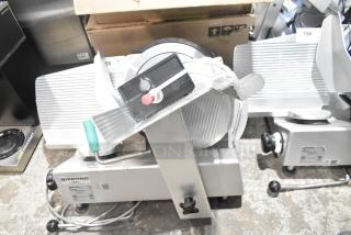 2020 Bizerba GSP H commercial meat slicer, 120V, 1 phase, in silver. Features adjustable thickness and safety guards.