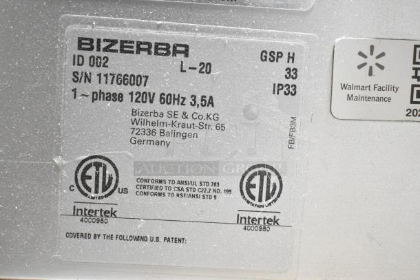 2020 Bizerba GSP H commercial meat slicer label. 120V, 1 phase. Serial number 11766007. ETL certified. Made in Germany.