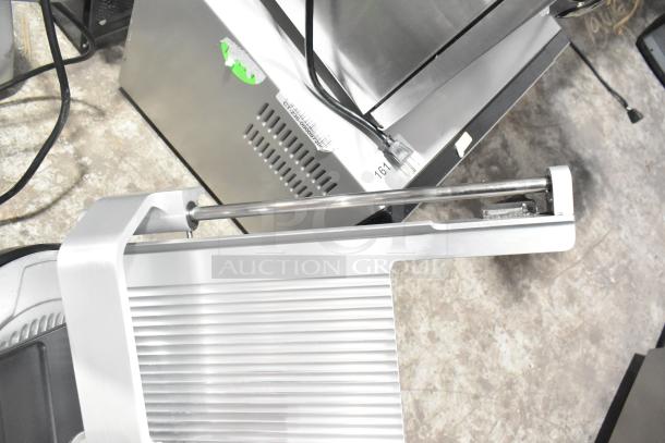 2016 Bizerba GSP H commercial countertop meat slicer, 120 volts, 1 phase, in good condition, silver finish.