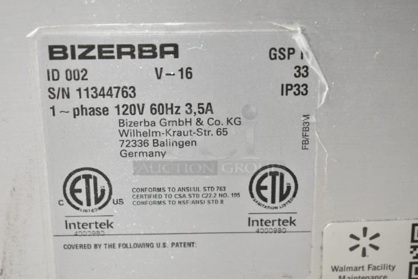 2016 Bizerba GSP H meat slicer label, 120V, 60Hz, serial number 11344763, ETL and Intertek certified.