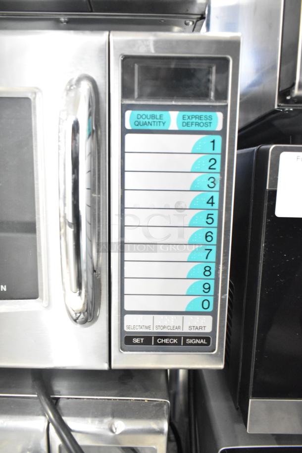 2022 Sharp R-21LVF commercial microwave, stainless steel, keypad controls, 120 volts. Appears in good condition.