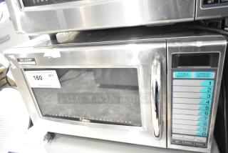 2022 Sharp R-21LVF commercial countertop microwave oven, stainless steel, 120 volts, 1 phase, visible control panel and label.