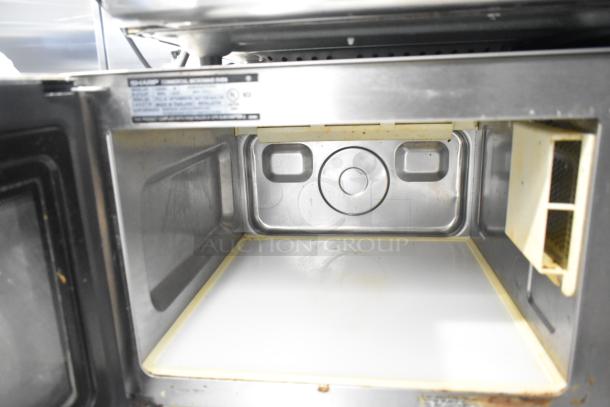 Sharp R-21LVF Commercial Microwave Oven, 2022 model, 120V, interior view showing stainless steel cavity.