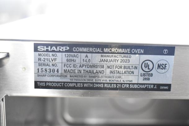 2023 Sharp R-21LVF Commercial Microwave Oven, 120V, 1 Phase, UL and NSF listed, manufactured January 2023, serial 158304.