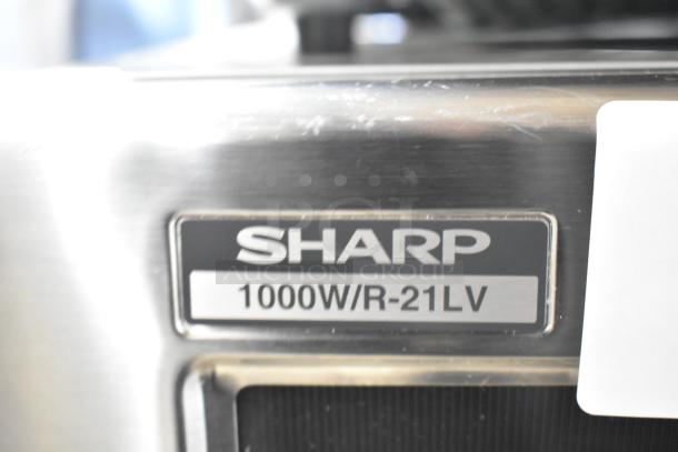 2024 Sharp R-21LVF Commercial Countertop Microwave Oven. Model: R-21LVF, 1000W, 120V, 1 Phase. Stainless steel finish.