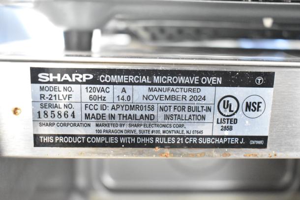 Sharp R-21LVF commercial microwave label, 120V, November 2024, 1 Phase, UL and NSF certified, Made in Thailand.