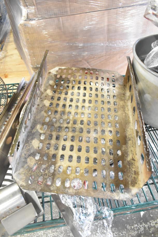 Assorted kitchenware lot with skillets, bowls, coffee pot, and metal pot. Some items show wear; ideal for collectors or use.