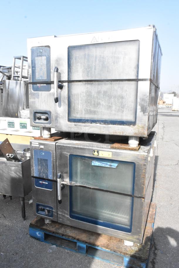 2 Alto Shaam CTP7-20E stainless steel combi convection ovens, electric-powered, 208-240V, 3-phase, stacked.