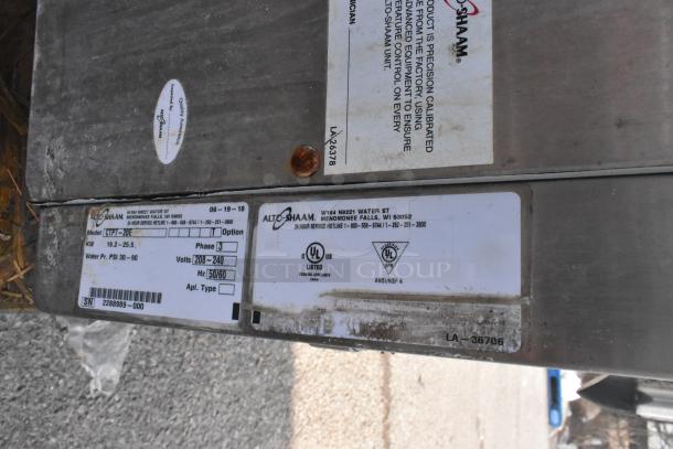 Alto Shaam CTP7-20E label on stainless steel commercial electric convection oven, 208-240V, 3 phase; includes model, UL markings.